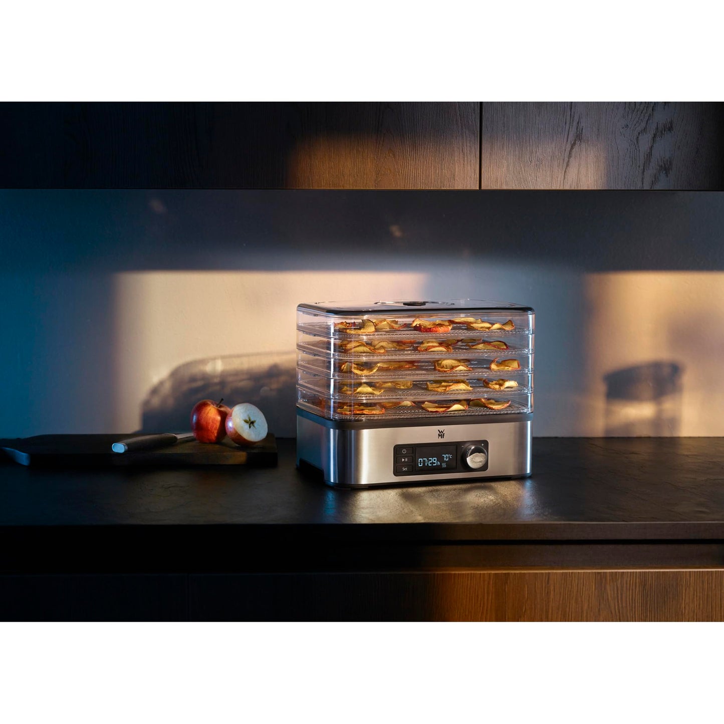 WMF Kitchen Minis stainless steel food dehydrator with 5 trays, 30-70°C temperature range, 24h timer, fruit dryer, dehydrator, 2 boxes, granola bar molds, BPA-free.