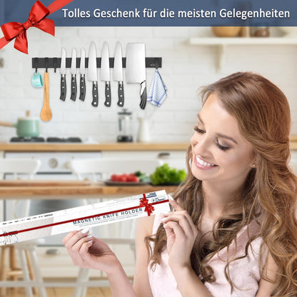 Dmore 50 cm magnetic knife strip with 4 hooks, black magnetic knife holder without drilling, strong magnet knife holder, includes adhesive tape and screws for knives, utensils, and tools.
