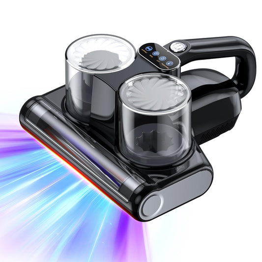 JPHYLL dust mite vacuum cleaner for mattresses with 253.7nm UV light, 16Kpa suction power, brush roller knocking, HEPA filter, ultrasonic technology, hot air, wide suction opening, black.