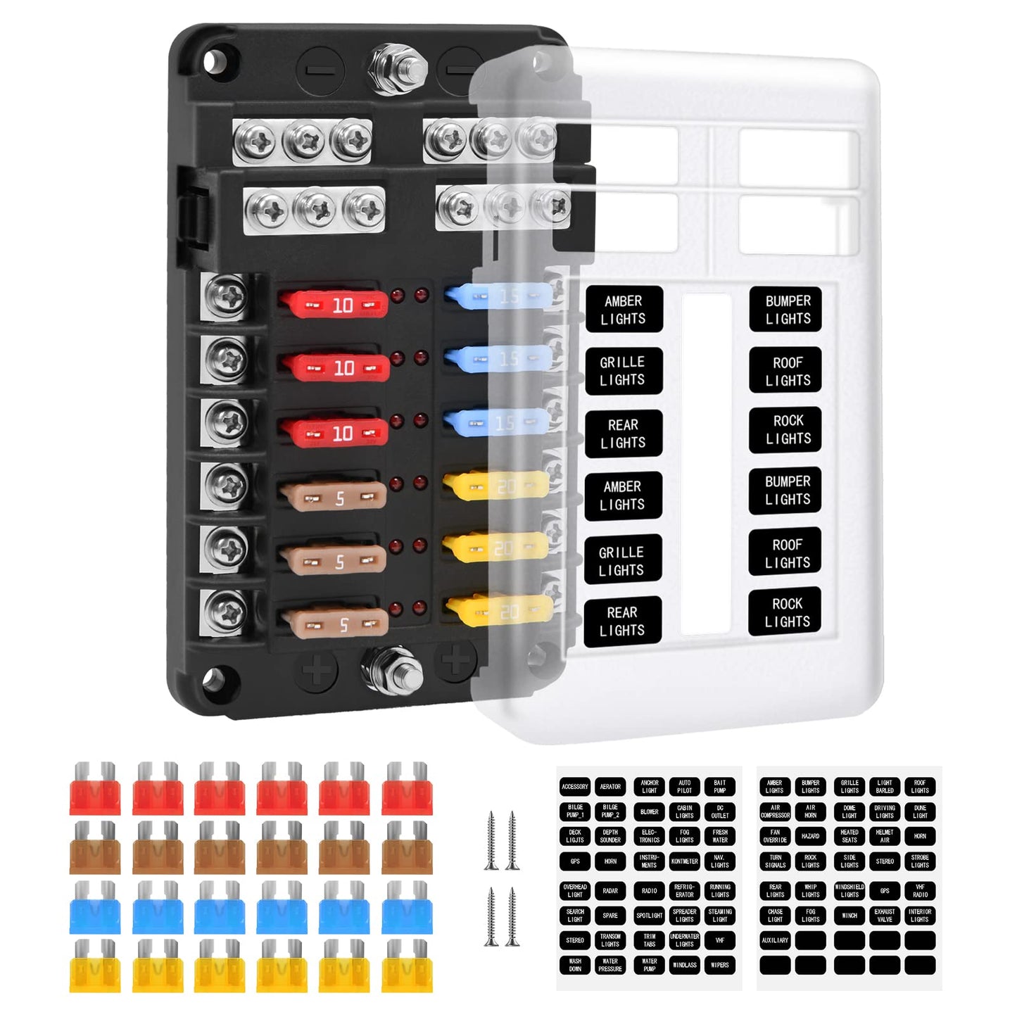 Automotive fuse holder blade fuse, ENDARK automotive fuse box, 12-way fuse holder with LED display negative bus for car, boat, van, SUV, truck.