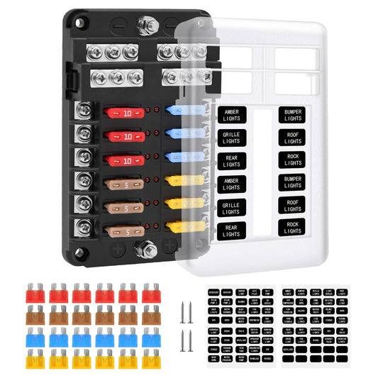 Automotive fuse holder blade fuse, ENDARK automotive fuse box, 12-way fuse holder with LED display negative bus for car, boat, van, SUV, truck.