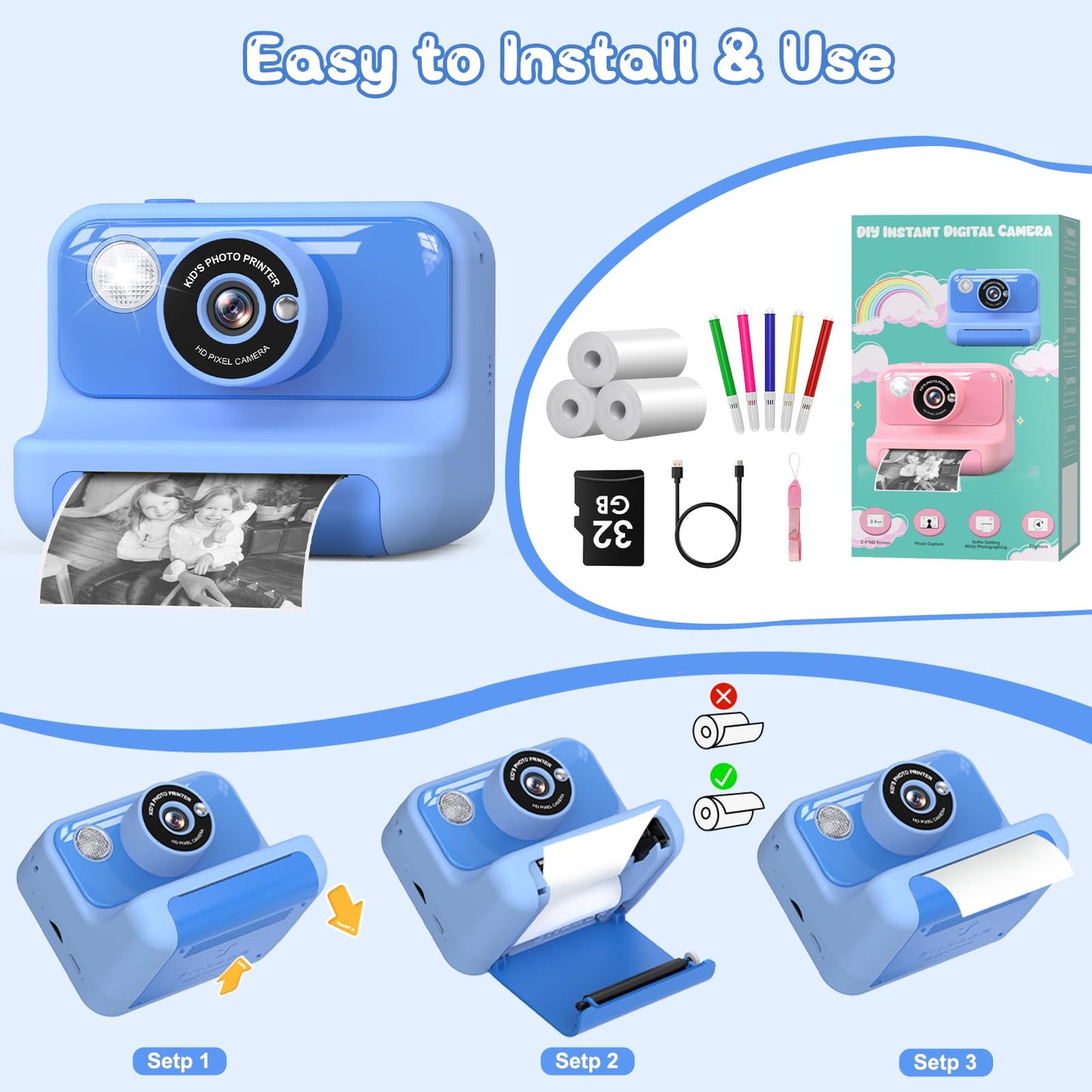 Hangrui instant camera for kids, 2.4-inch screen children's camera with 32G card & printing paper, 1080P instant print camera for kids with colored pens, gift for children aged 3-12 years.