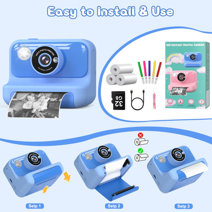 Hangrui instant camera for kids, 2.4-inch screen children's camera with 32G card & printing paper, 1080P instant print camera for kids with colored pens, gift for children aged 3-12 years.