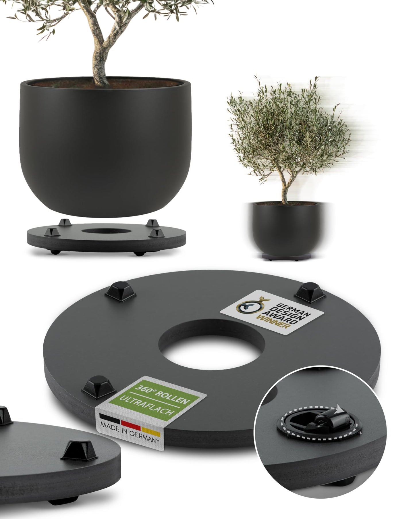 Plantwerk Plant Pot Coaster - Ultra-flat designer plant roller - Ø28cm - Square and round for all flower pots & planters - Indoor & outdoor container roller - 2 year warranty.