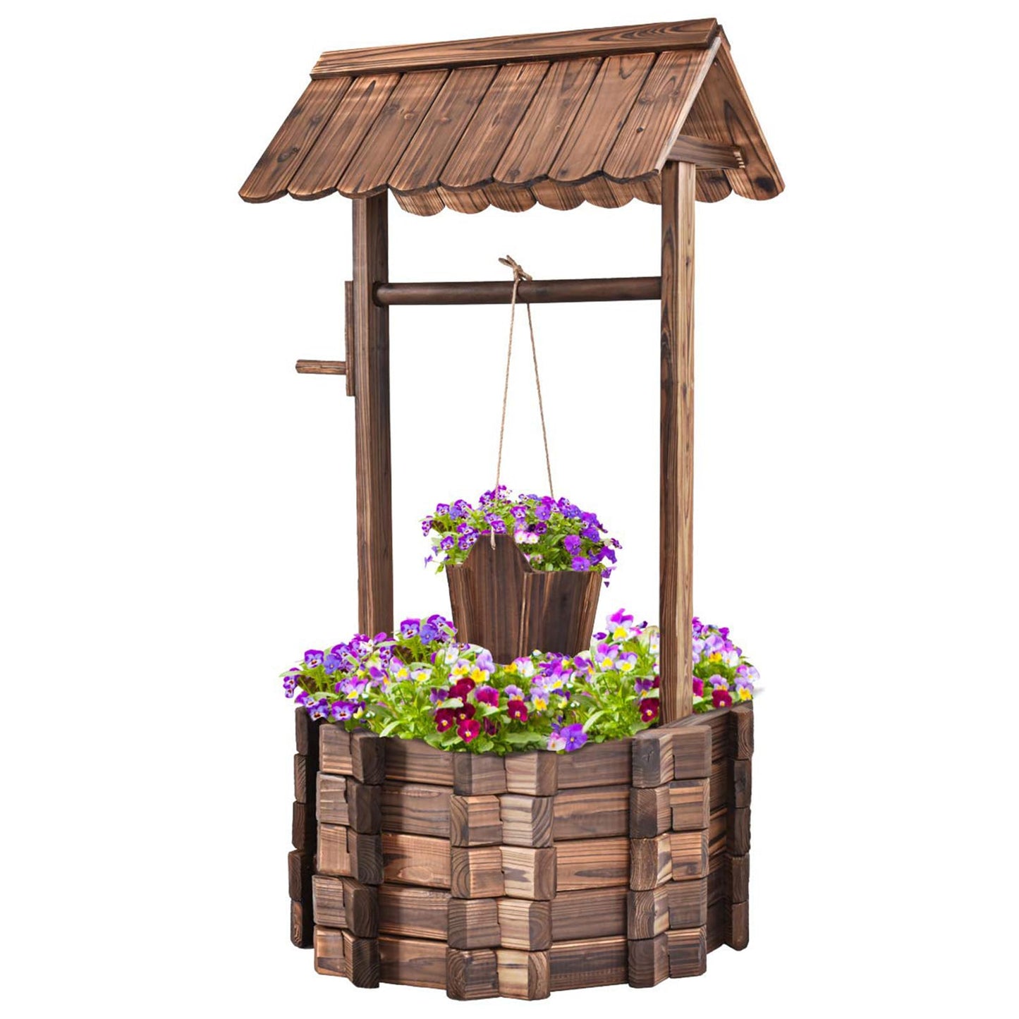 DREAMADE wooden fountain with roof, decorative fountain made of spruce wood, 115 x 60 x 76 cm, wishing well, garden fountain with adjustable bucket, garden decoration.