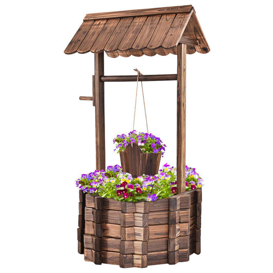DREAMADE wooden fountain with roof, decorative fountain made of spruce wood, 115 x 60 x 76 cm, wishing well, garden fountain with adjustable bucket, garden decoration.