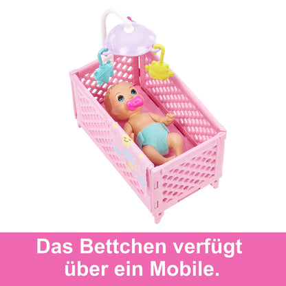 Barbie Skipper Babysitter Inc, Skipper Big Babysitting Adventure, Skipper with brown hair and baby, bottle, crib, accessories, includes 2 dolls, can be given as a gift, HJY33