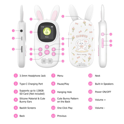 32GB Bluetooth MP3 Player for Kids, Cute Bunny Children's Music MP3 Player with Headphones & Speaker, MP3 Player with FM Radio, Recording, Alarm, Pedometer, Stopwatch, Supports up to 128GB.
