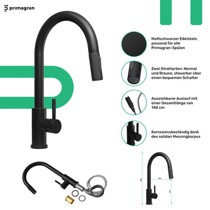 PRIMAGRAN Round Black Sink 53x53cm, Round Sink 1 Basin + Kitchen Faucet 40x20cm + Accessory Set, Kitchen Sink for 50cm Base Cabinet - Pisa Max S031