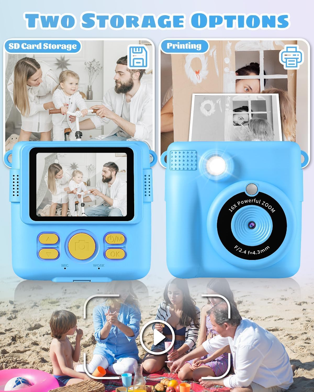 Kids Camera Toy, 2.4 inch Screen DIY Instant Camera for Kids, 1080P HD Video Digital Camera with 32GB SD Card & Printing Paper, Gift for Girls & Boys aged 3-14 (Blue)