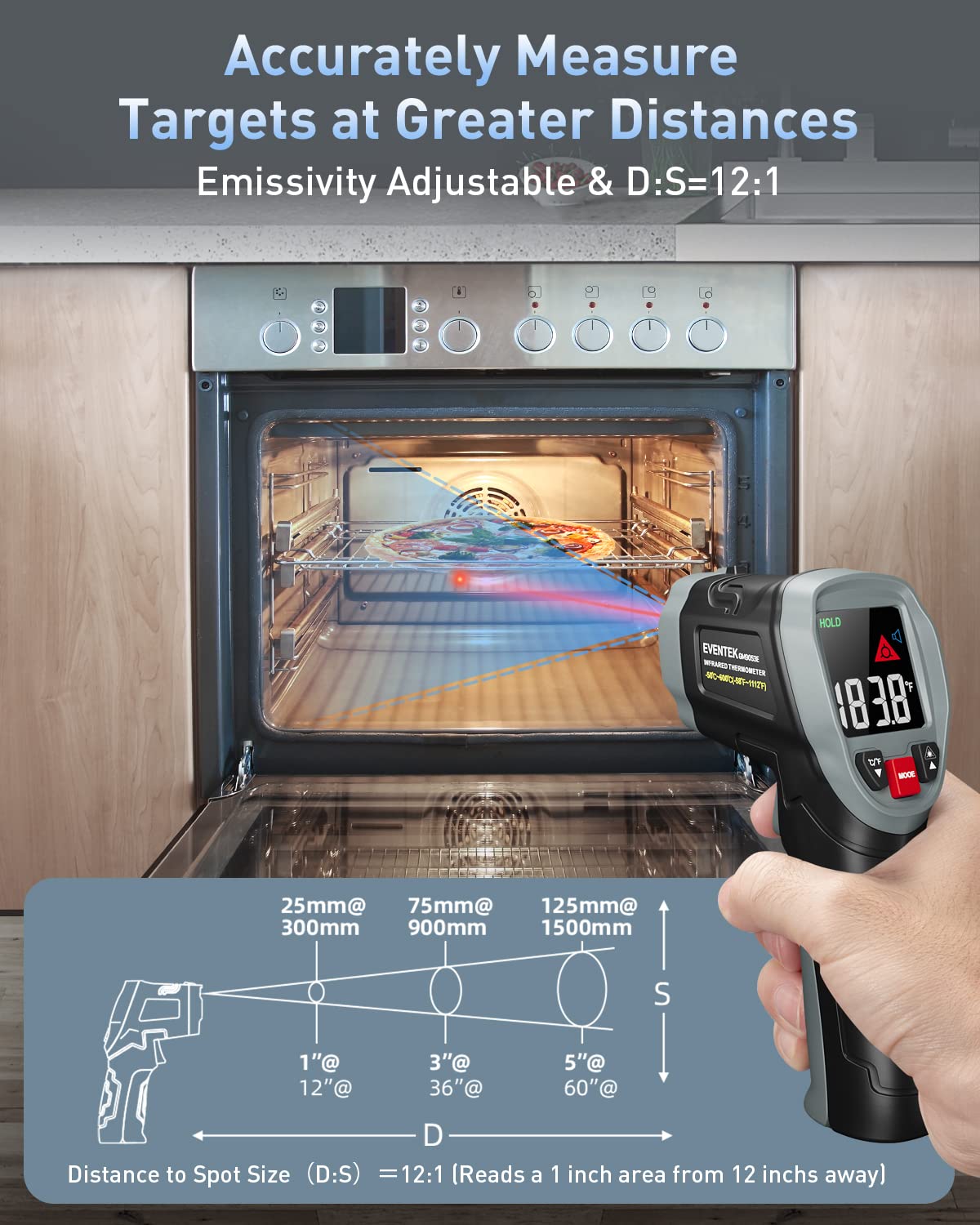 Eventek Infrared Thermometer, [3 in 1] -50°C～600°C (-58°F~1112°F), IR Pyrometer Non-Contact Digital Laser Temperature Gun with Meat Thermometer & Case, for Kitchen/Barbecue/Industry.