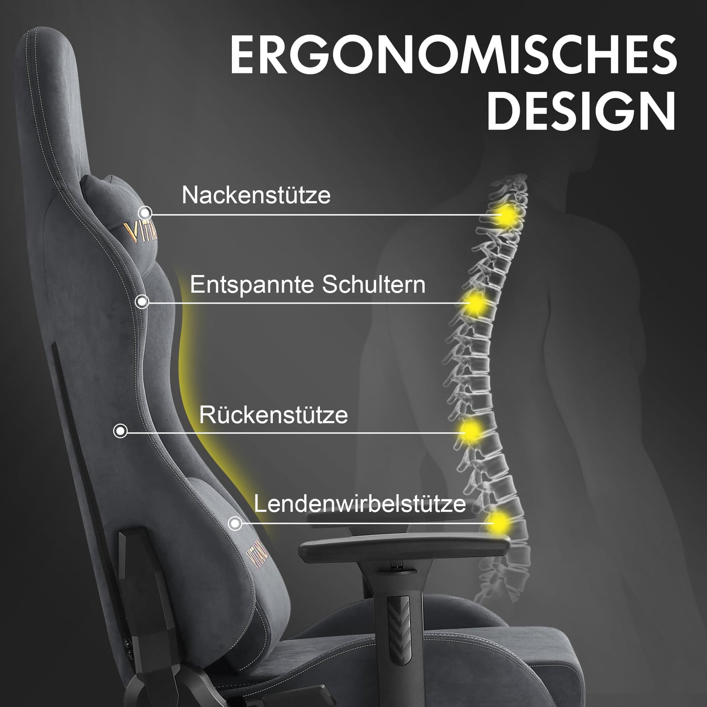 Vittanly Gaming Chair, Luxurious Suede Fabric Office Chair, Ergonomic Desk Chair with Footrest Headrest and Lumbar Pillow, 3D Armrests, 90-155° Backrest, Grey