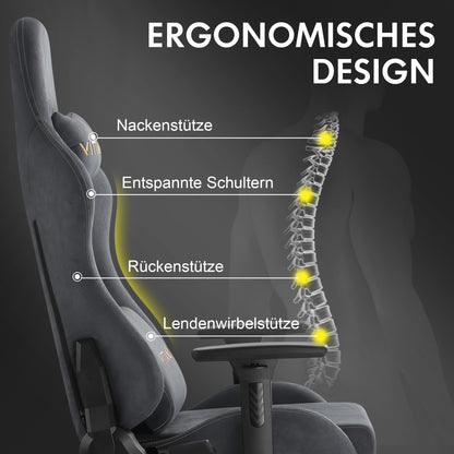 Vittanly Gaming Chair, Luxurious Suede Fabric Office Chair, Ergonomic Desk Chair with Footrest Headrest and Lumbar Pillow, 3D Armrests, 90-155° Backrest, Grey