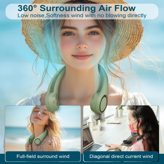CIVPOWER Portable Neck Fan, hands-free fan, cooler, personal fan, 3 speed settings, USB powered neck fan for outdoor and indoor use, light green