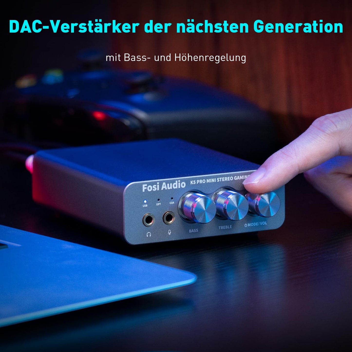 Fosi Audio K5 Pro headphone amplifier, USB C DAC headphone amplifier HiFi, USB/Optical/Coaxial/Microphone inputs to 3.5mm AUX/RCA output, Gaming DAC AMP Hi-Res for PS5/PC/MAC/Active Speakers.
