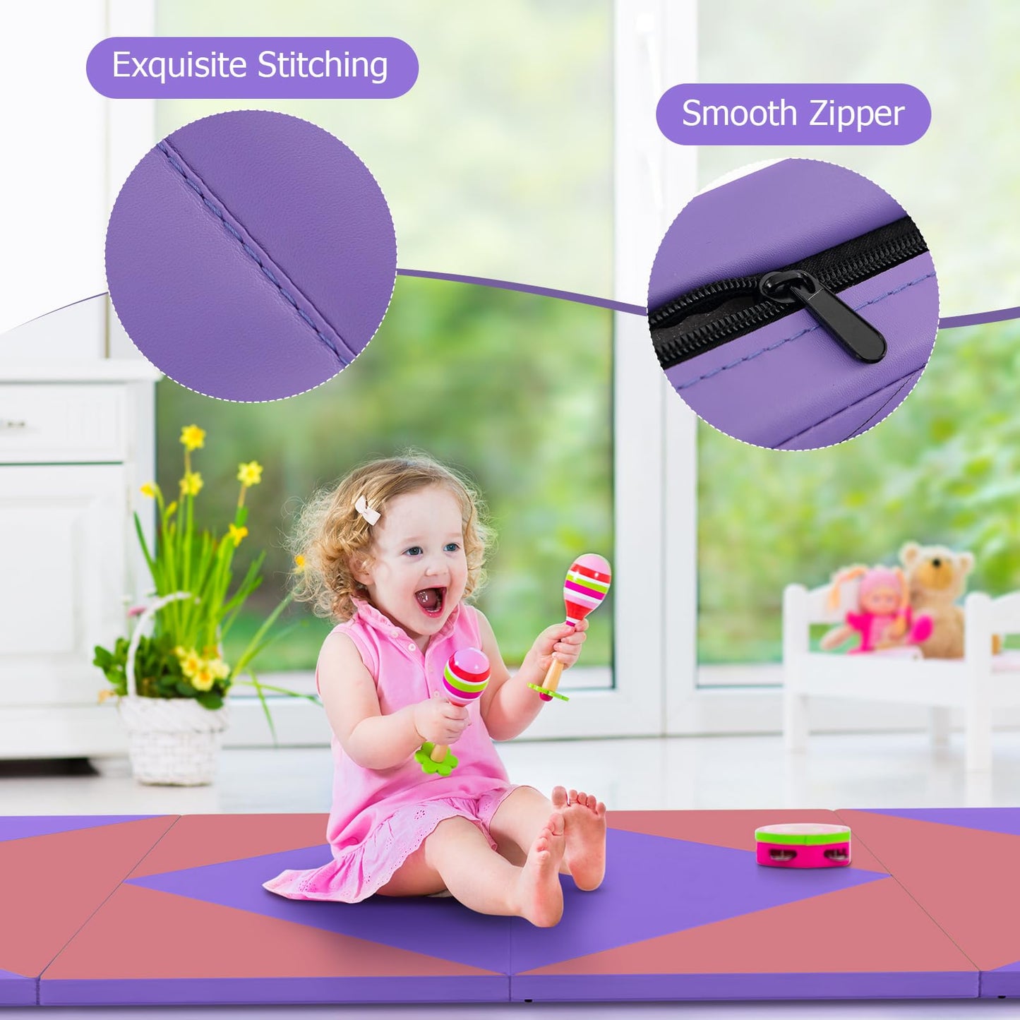 GOPLUS Folding Gym Mat, 240×117×5cm, Soft Floor Exercise Mat with 2 handles & Velcro Straps, suitable for Gymnastics, Yoga, and Play, Fitness Mat for Home (Pink + Purple)