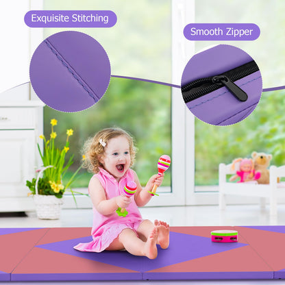 GOPLUS Folding Gym Mat, 240×117×5cm, Soft Floor Exercise Mat with 2 handles & Velcro Straps, suitable for Gymnastics, Yoga, and Play, Fitness Mat for Home (Pink + Purple)