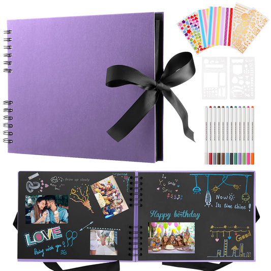 DazSpirit Photo Album 29.5 X 21cm Photo Album For DIY Black Photo Book With 80 Pages Scrapbook, For 240 Pictures, Including 12 Metallic Color Markers, Guest Book For Birthday And Wedding, Purple