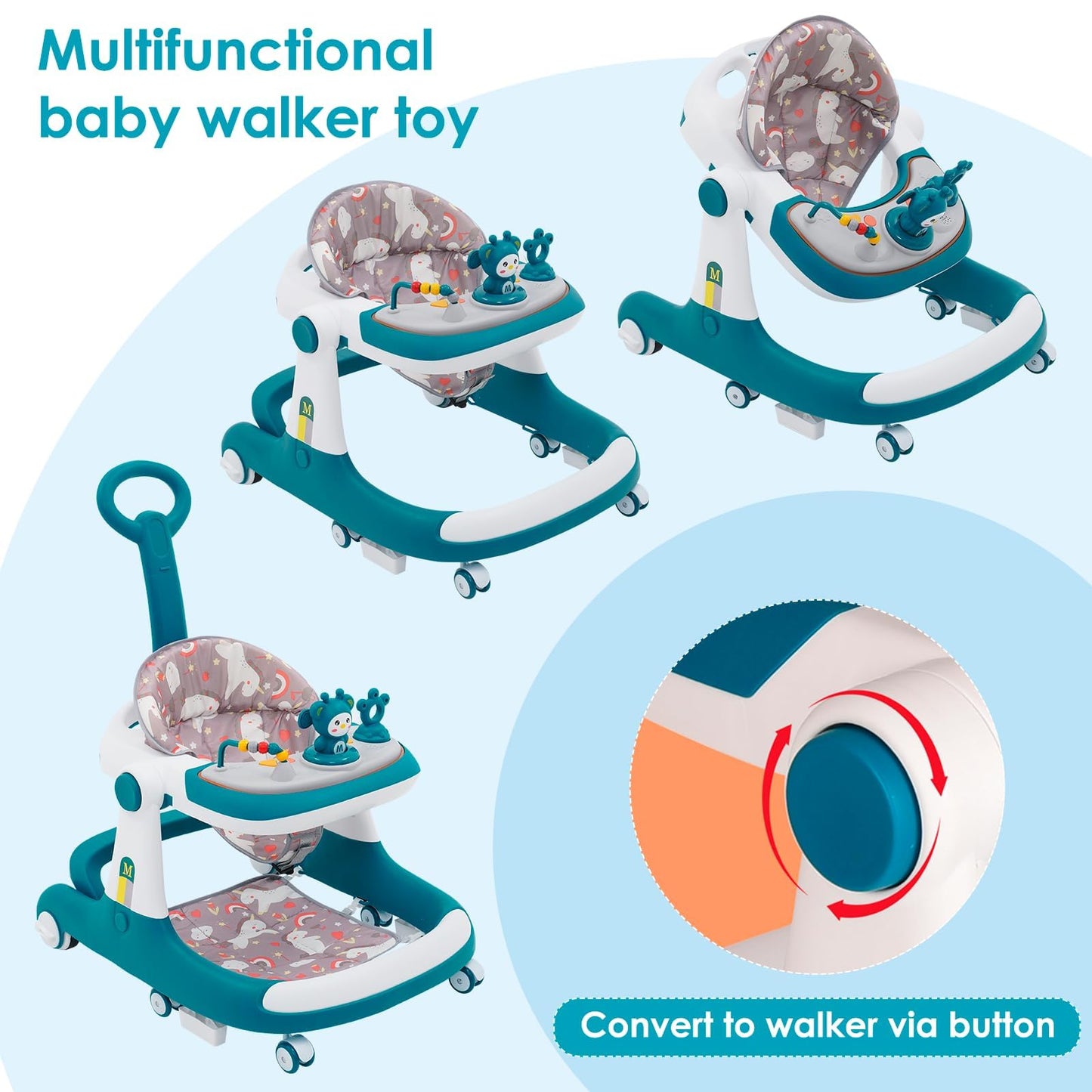 Baby walker, 3-in-1 walker from sitting to standing, multiple removable modes, entertainment-learning baby activity table for babies, boys, and girls.