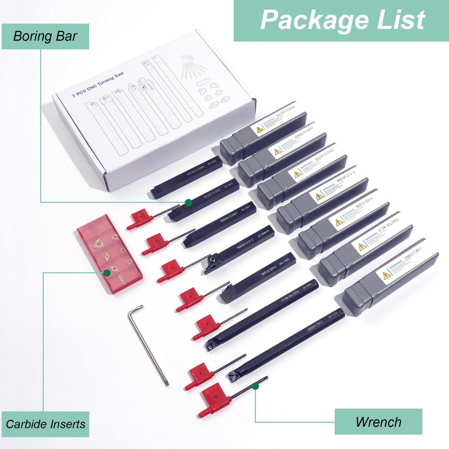 21 pieces of turning tools with indexable inserts boring bar turning tool holder set, 7 x lathe holder, 7 x carbide inserts, 7 x wrenches (12 mm)