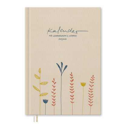 One of the Good Teacher Planners 2025-2026, A4 size, 1 double page per week, academic calendar for school year 25/26, Cream Beige with Flowers, sustainable & climate-neutral.