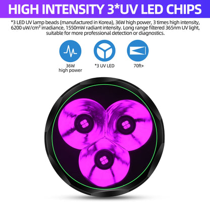 DARKBEAM UV Flashlight 365nm Ultraviolet Blacklight, LED light portable wood lamp, 36W powerful blacklight for detecting animal urine, leaks, minerals, uranium glass with 2 batteries, B30