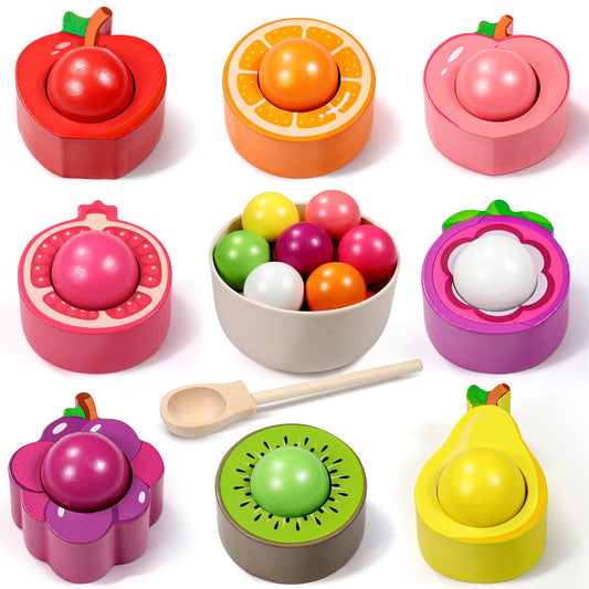 Montessori toys for 1 2 3 year olds, baby motor skills toy fruit wooden toy for color sorting and counting, gift for girls boys 1 2 3 years