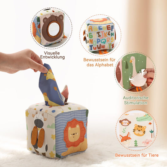 WOODEN TEETHER Tissue Box Montessori Motor Skills Toy, 6-12 Months Sensory Baby Toy with Mirror, Colors, Textures, Children's Early Learning Toy for Boys Girls Gifts