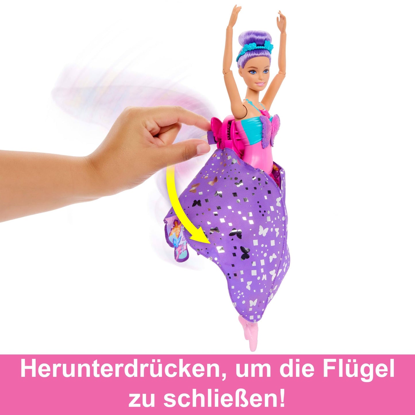 Barbie Dance and Flutter Doll with 2-in-1 transformation from dancer to butterfly with opening wings, purple hair, hair accessory, and removable tutu, HXJ10.
