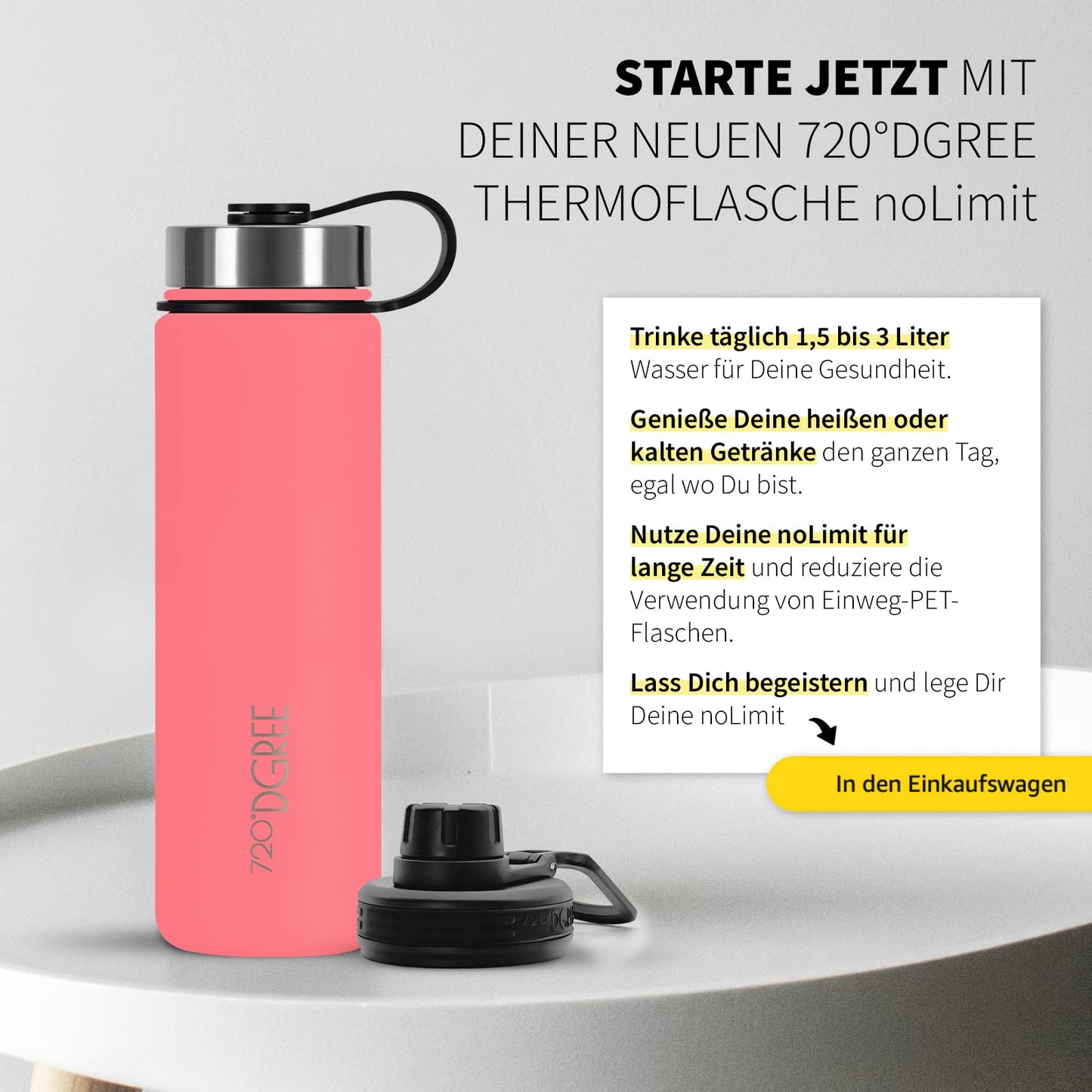 720°DGREE Stainless Steel Bottle 950ml "noLimit" - Leakproof, Carbonation Suitable, BPA-Free - Thermos Bottle, Insulated Bottle with Screw Cap for Sports, Fitness, Outdoor + Free Sports Lid