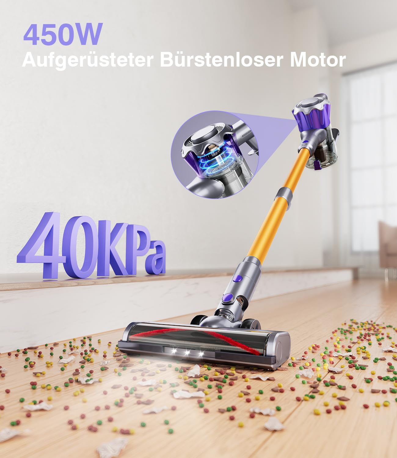 Cordless vacuum cleaner, 40000Pa/450W with smart display. Up to 50 minutes runtime. Comes with automatic mode and anti-tangle brush for carpets, hard floors, and pet hair.