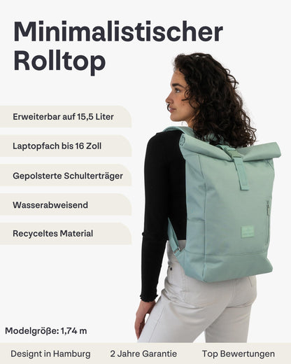Johnny Urban backpack for women & men in mint color - Robin Medium - Rolltop design with laptop compartment for university, business, and cycling - 15L capacity - Sustainable and water repellent.