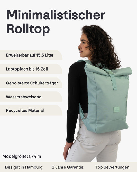 Johnny Urban backpack for women & men in mint color - Robin Medium - Rolltop design with laptop compartment for university, business, and cycling - 15L capacity - Sustainable and water repellent.