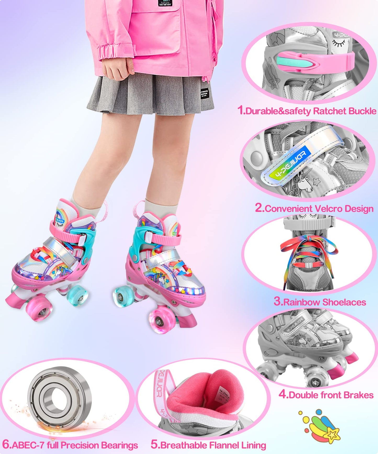 Children's unicorn roller skates for girls. Suitable for ages 6-12. With glowing wheels, 4-wheel adjustable beginner quad roller skates for Christmas and birthday gifts.