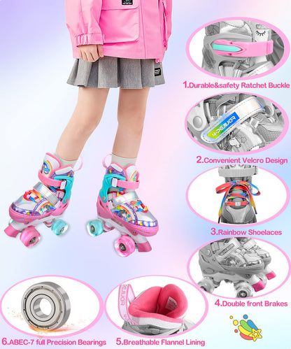 Children's unicorn roller skates for girls. Suitable for ages 6-12. With glowing wheels, 4-wheel adjustable beginner quad roller skates for Christmas and birthday gifts.