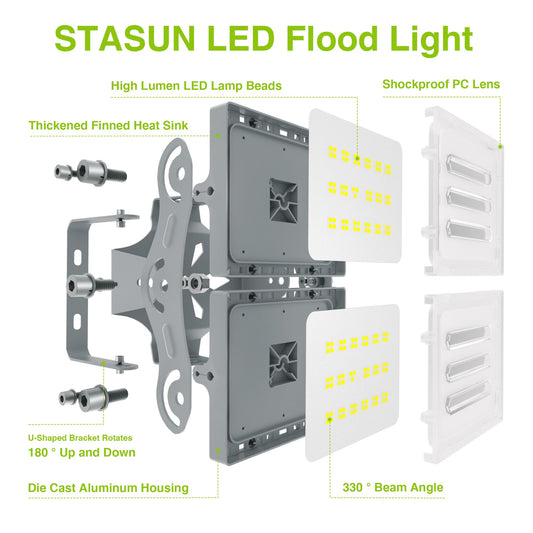 STASUN 100W LED Flood Light Outdoor, 10000LM Super Bright LED Floodlight Outside Spotlight, IP66 Waterproof, 6000K Daylight, 2 Floodlights with Adjustable Head, for Garden, Garage, Hotel, etc.