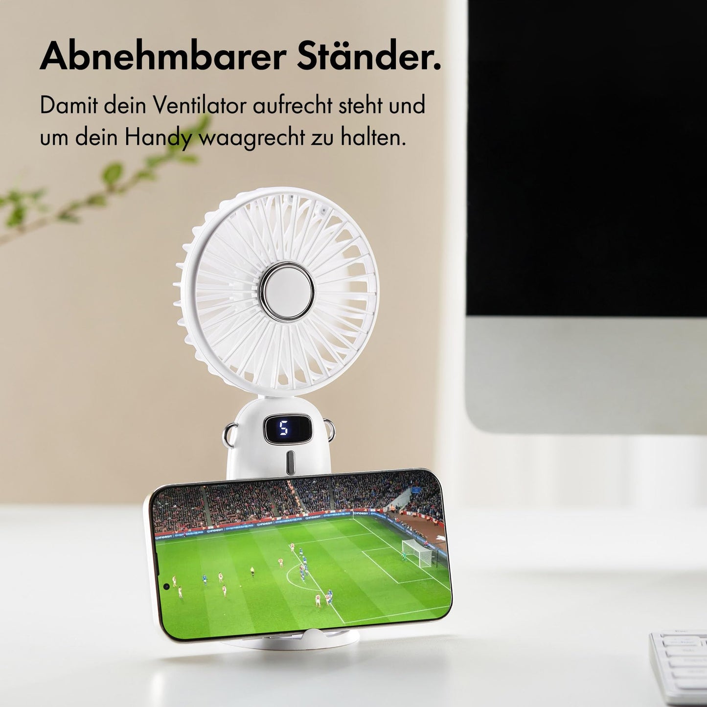 VonHaus handheld fan - lightweight, portable, small USB fan with 5 speeds - folds up 90°, with 60cm strap and phone holder - mini fan for desk, home, office (white)