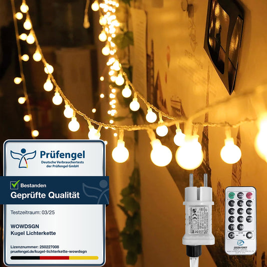 Ball String Lights, WOWDSGN 200 LEDs 20m Dimmable, plug-in party lights for indoor and outdoor, 8 light modes, energy-saving, perfect for Christmas, wedding, party, garden, warm white