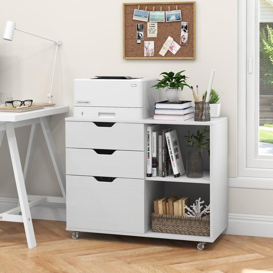 GOPLUS Roll container, mobile filing cabinet with 5 wheels, 3 drawers and 2 open compartments, office cabinet printer stand for documents in A4, letter & legal format (white)