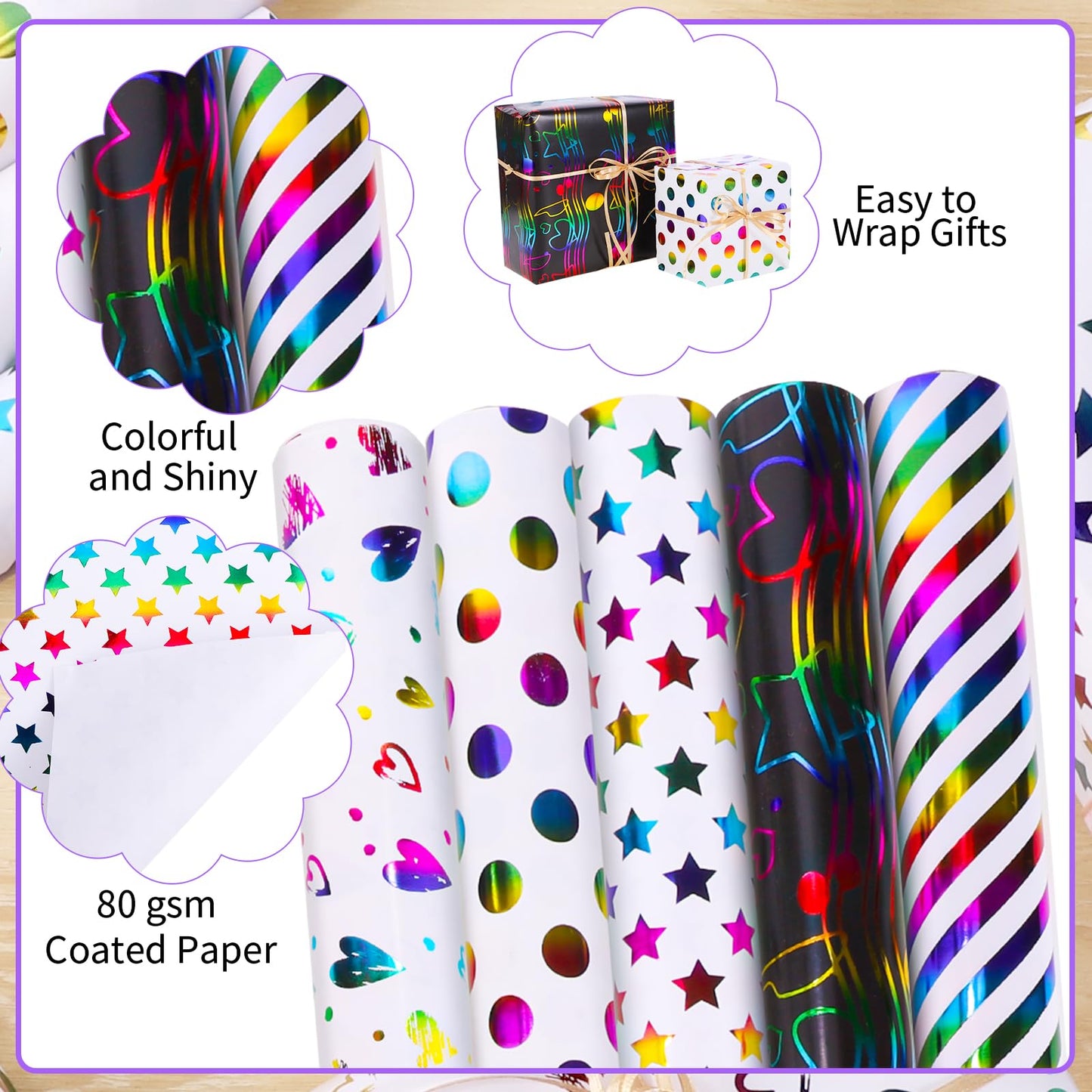 woric 5 Rolls Gift Wrap Birthday, 43cm x 3m Gift Wrapping Roll Colorful Gift Wrap Roll Set for Kids' Birthday Wedding Baby Shower (Multicolor)