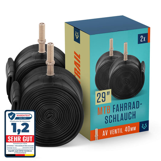 Alphatrail MTB bike tube 29 inch AV auto valve 2X set with mobility guarantee | Compatible with bike tires Schwalbe, Continental, Conti, Maxxis, Onza, WTB, Michelin & Kenda.