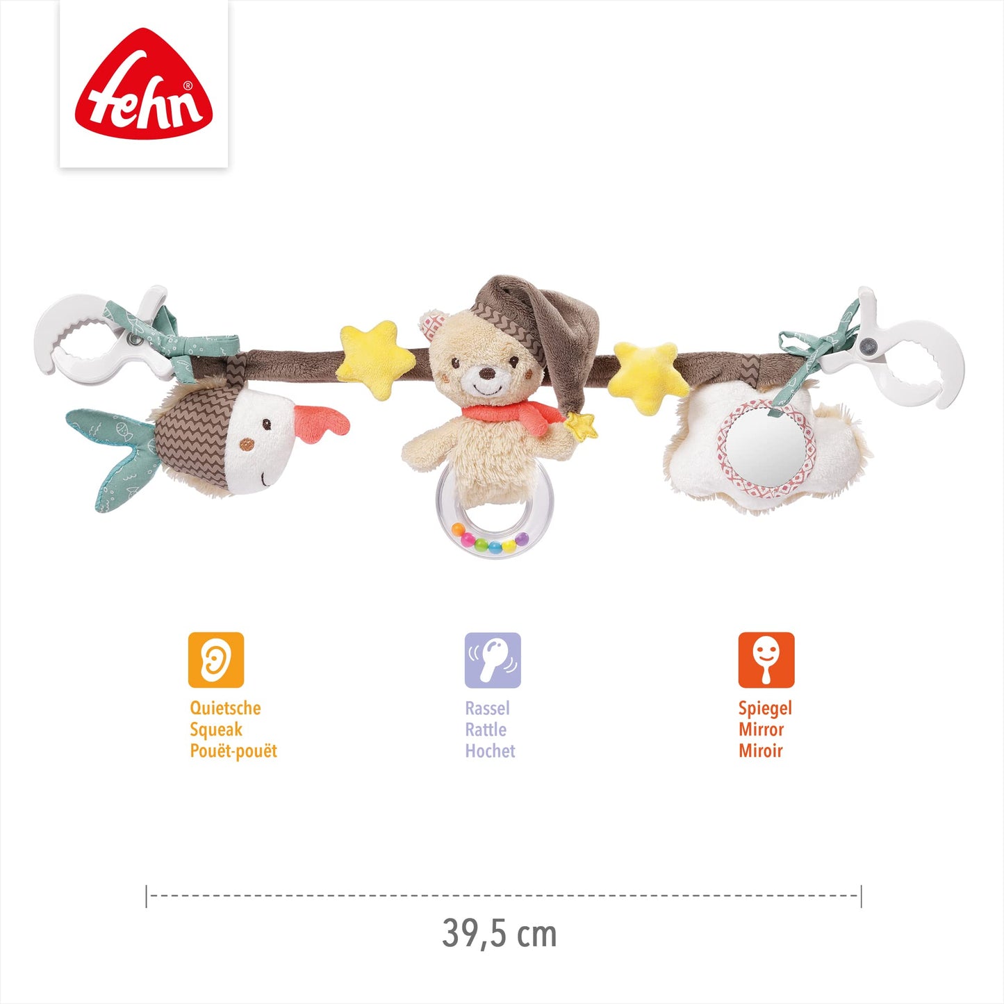 Fehn stroller chain toy Bruno - baby mobile chain with cute figures to hang on strollers, car seats, or cribs - stroller accessory for babies and children from 0+ months.