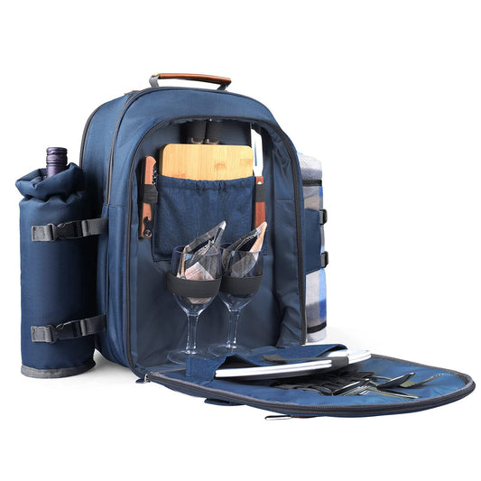 Sunflora Picnic Backpack Set for 2 with Insulated Cooling and Blanket, 2 Person Picnic Basket for Family Camping Outdoor (Navy)