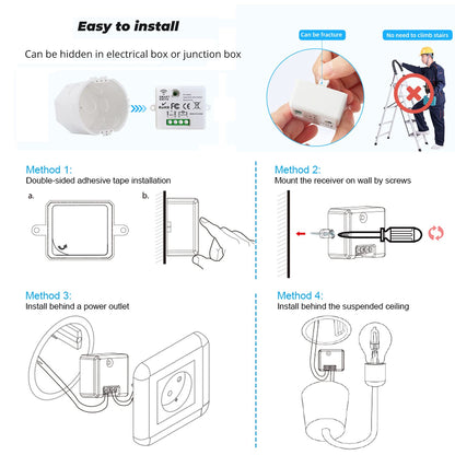 This RC radio light switch, radio transmitter security switch, and receiver controller 10A, easy installation for lamps up to 1500W.