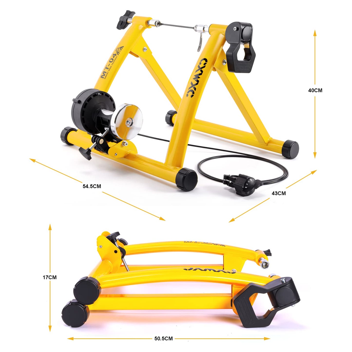 CXWXC Bike Rollentrainer, Foldable Steel Bike Trainer with Quick Release Front Wheel Stand Bicycle Trainer for 26-29 Inch Bike Training Cycling at Home Indoor (26-29, Yellow)