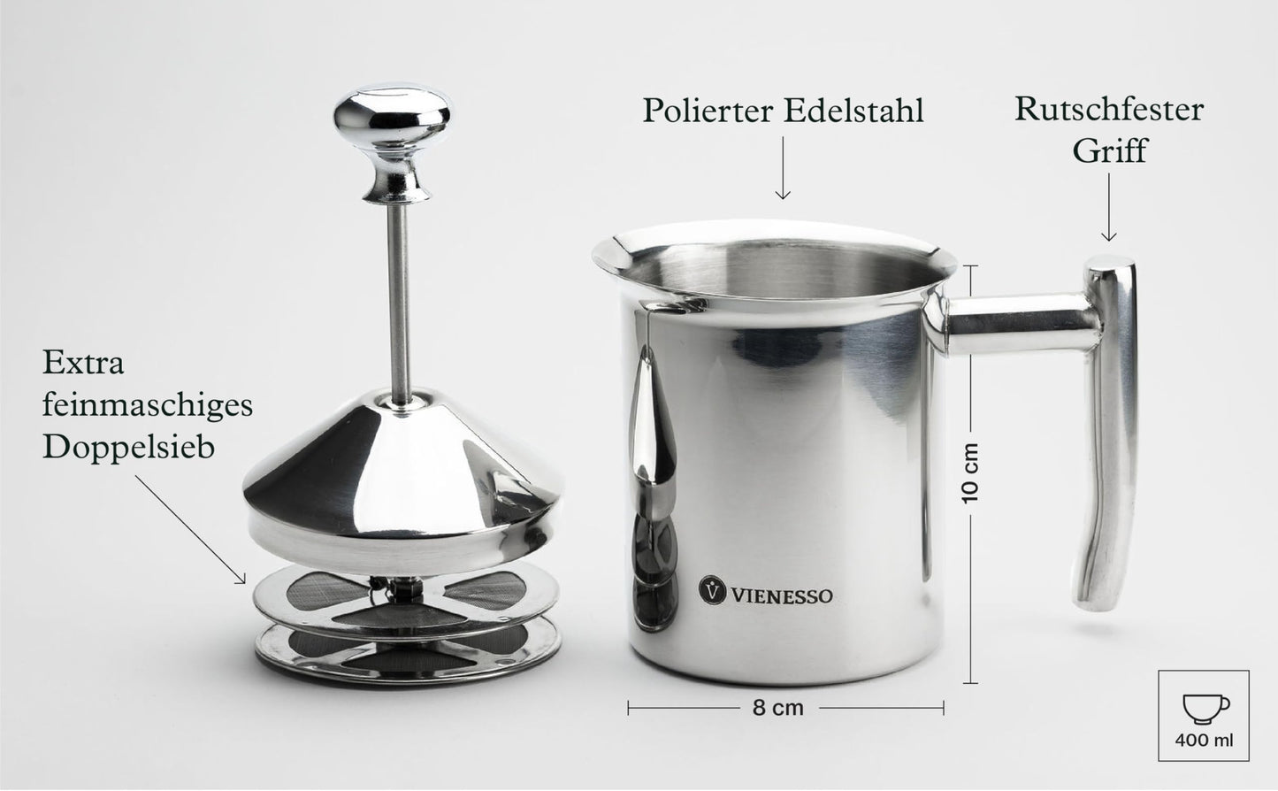 VIENESSO Hand Milk Frother manually made of stainless steel with double mesh sieve I milk frother for creamy milk foam for coffee specialties, Milk Frother including Barista E-Book (400 ml)