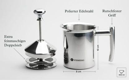 VIENESSO Hand Milk Frother manually made of stainless steel with double mesh sieve I milk frother for creamy milk foam for coffee specialties, Milk Frother including Barista E-Book (400 ml)