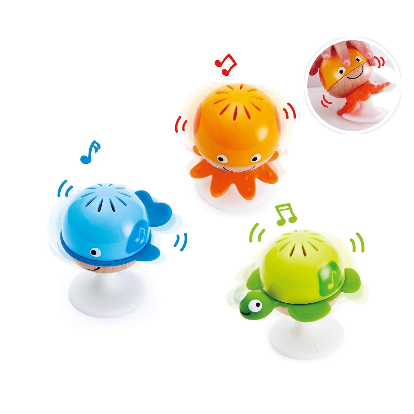 Hape Suction Cup Rattle Set | THREE aquatic animals with teething elements | Educational toy set for babies & Rainmaker | Mini wooden rattle Rainmaker toy, Red