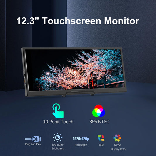 12.3-inch Portable Touchscreen Secondary Monitor, HDMI, USB-C, 1920*720 IPS Stretched Bar LCD Portable Travel Touch Screen for Laptop Computer Aida64 GPU CPU RAM Monitoring