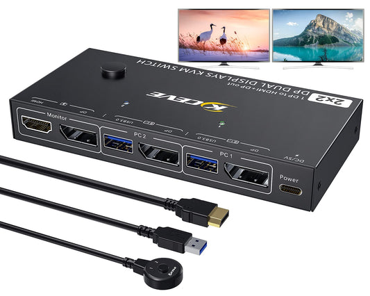 YOUTINGHDAV USB 3.0 KVM Switch 2 PCs 2 Monitors 4K@144Hz, MST KVM Switch DisplayPort HDMI Splitter 2 Monitors HDMI + DP Share Mouse Keyboard, with Wired Remote.